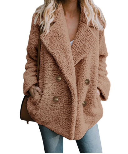 Women's plush button up coat with pockets