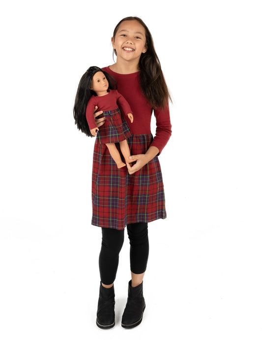 Girls cotton red check skirt dress with matching doll dress