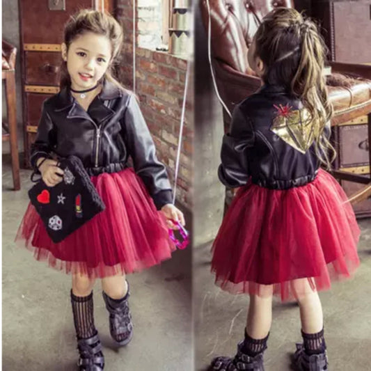 Girls sequin embroidered vegan leather and tulle tutu dress