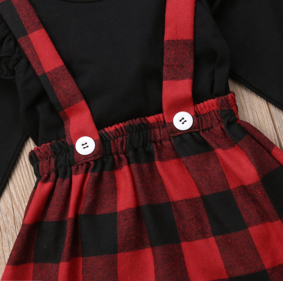 Girls and baby black long-sleeved plaid strap dress two-piece set
