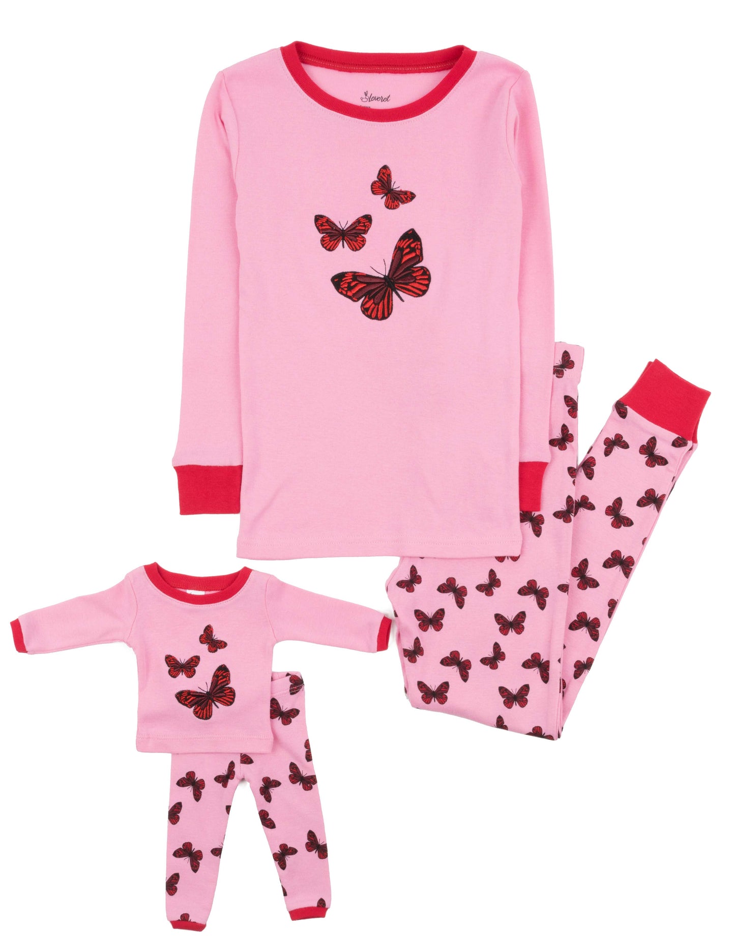 Girls cotton pink butterfly pajamas with matching doll PJ