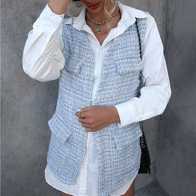 Women's Houndstooth Check Mid Length Cardigan Vest with pockets