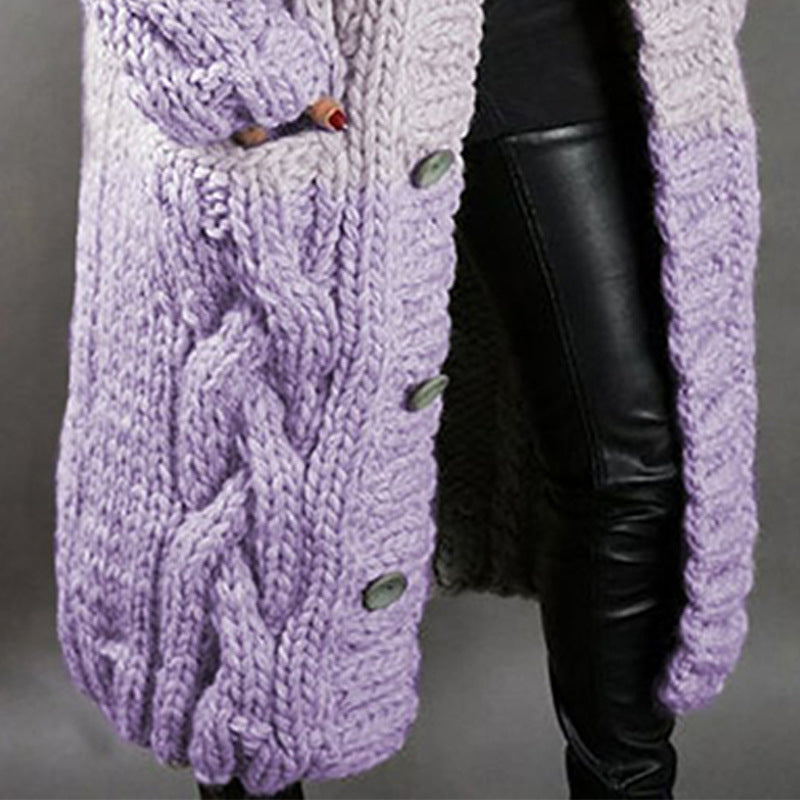 Women's loose hooded knee length knitted cardigan
