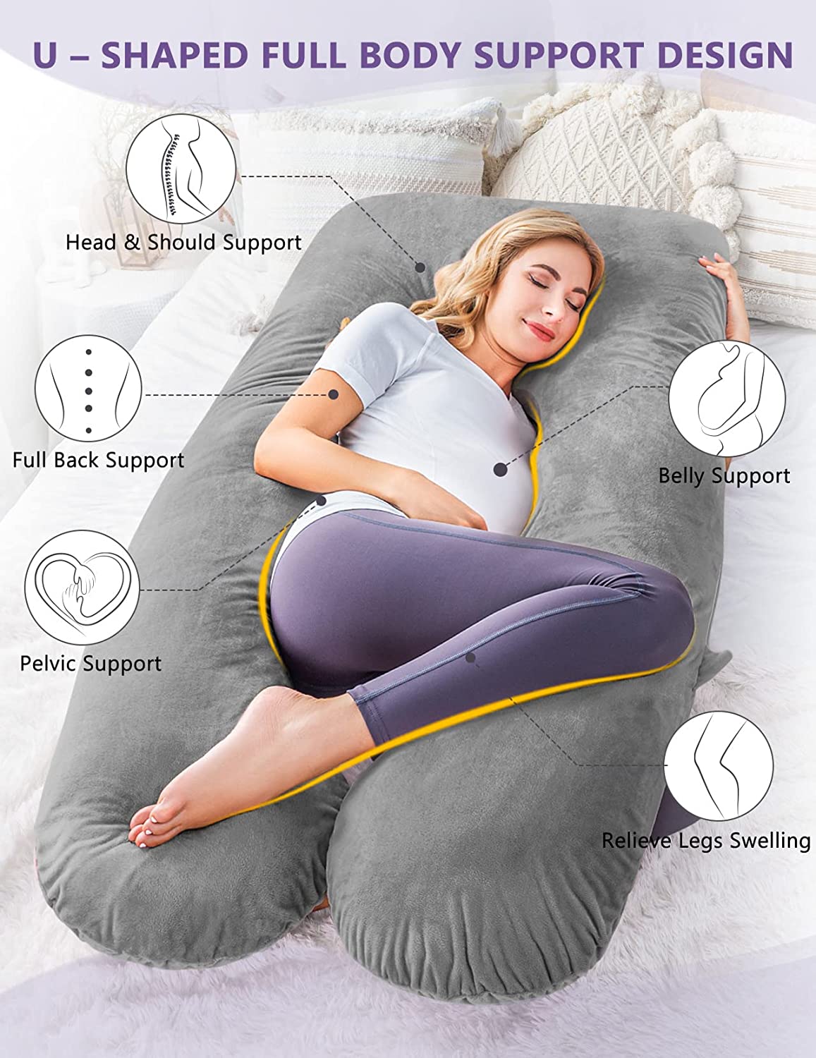 Full body U shaped pillow & nursing pillow in Grey Velvet