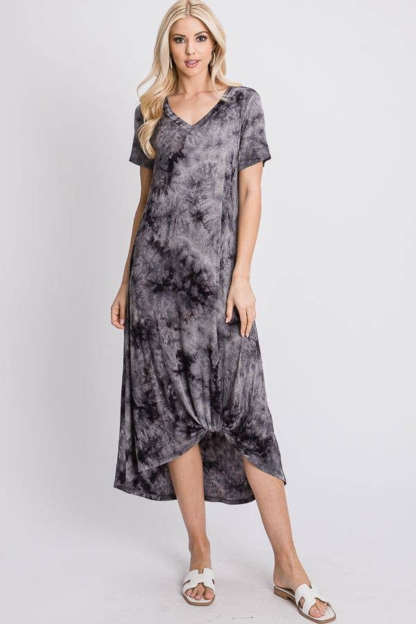 Women's Maternity & Post natal Front twist short sleeve grey/black tie dye maxi dress