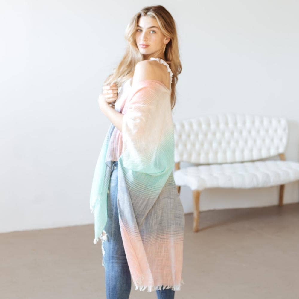Women's blush and turquoise ombre Print Kimono chawl sweater - O/S