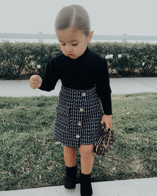 Girls and baby mock neck top and plaid skirt set