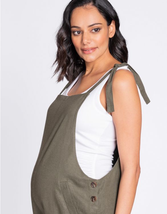 Women's Khaki Linen Maternity & Nursing shorts Romper with adjustable straps - Seraphine