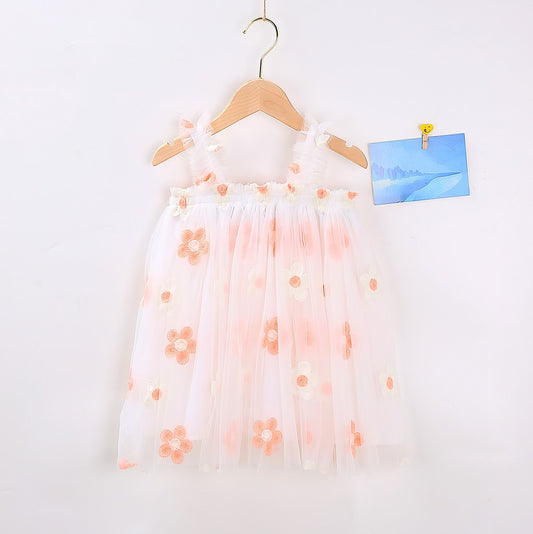Little Girl's White flowy chiffon lined Coral Flower embroidered tutu dress - kids clothing