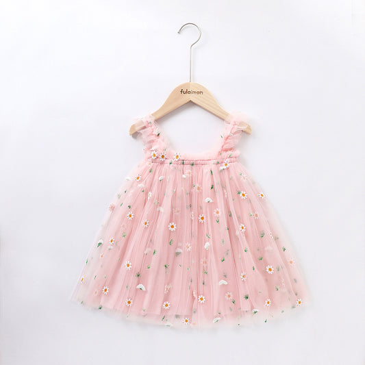 Little Girl flowy chiffon lined Ditsy floral embroidered tutu dress in Pink - kids clothinh
