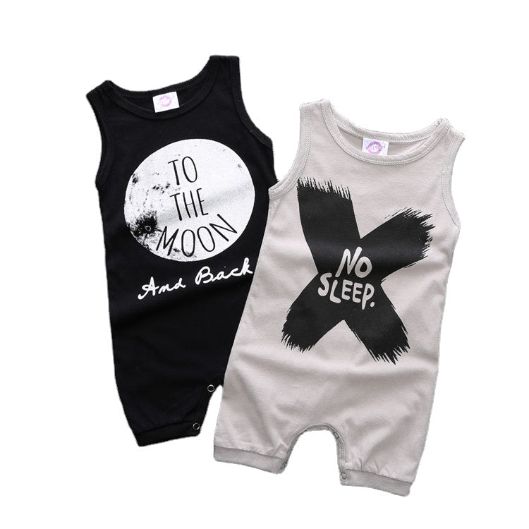 Cotton sleeveless Baby Cropped leg Edgy unisex "To the Moon and Back" baby Romper in Black