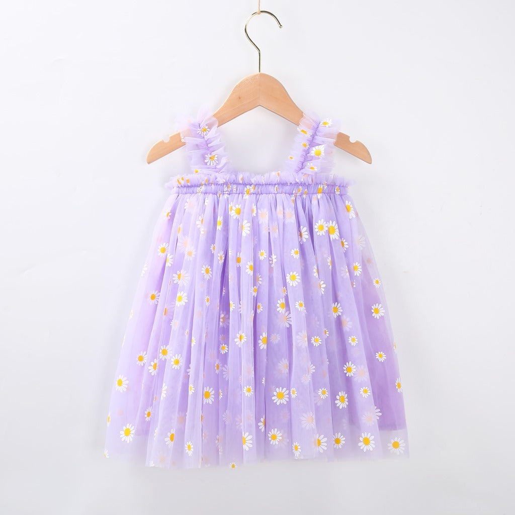 Little girls flowu chiffon lined Daisy embroidered tutu dress in Lilac - kids clothing