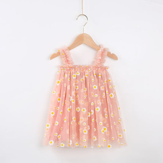 Little girl flowy chiffon Daisy embroidered lined tutu dress in Coral - kids clothing
