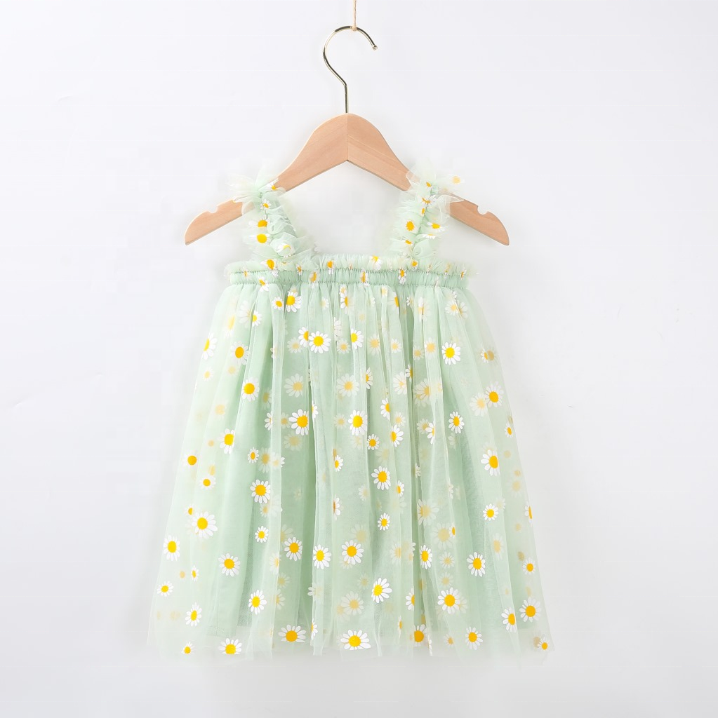 Little Girl flowy chiffon lined Daisy embroidered tutu dress in Mint - kids clothing