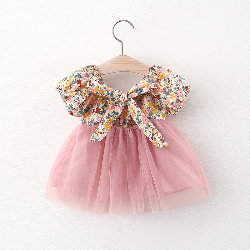 Little Girls cotton Floral puff sleeves back tie rose pink chiffon lined tutu dress - kids clothing