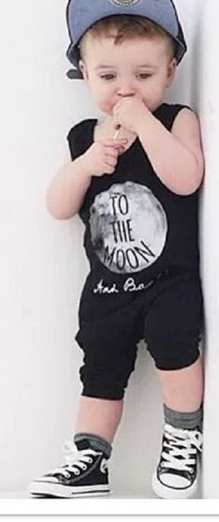 Cotton sleeveless Baby Cropped leg Edgy unisex "To the Moon and Back" baby Romper in Black