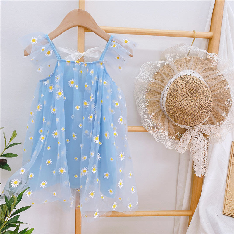 Little girl Cap sleeve flowy chiffon lined floral embroidered blue tutu dress with back tie - kids clothing