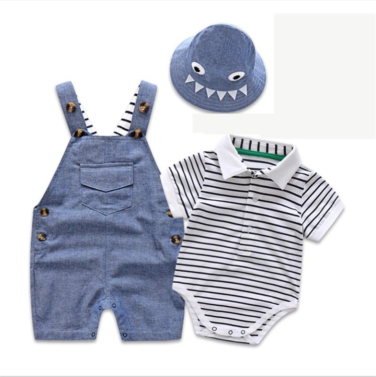 Baby boy cotton denim blue overall shorts, black and white polo shirts and denim blue hat 3 piece set