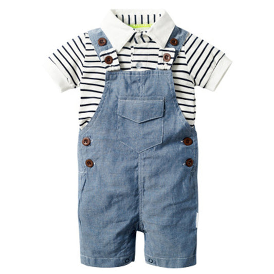 Baby boy cotton denim blue overall shorts, black and white polo shirts and denim blue hat 3 piece set