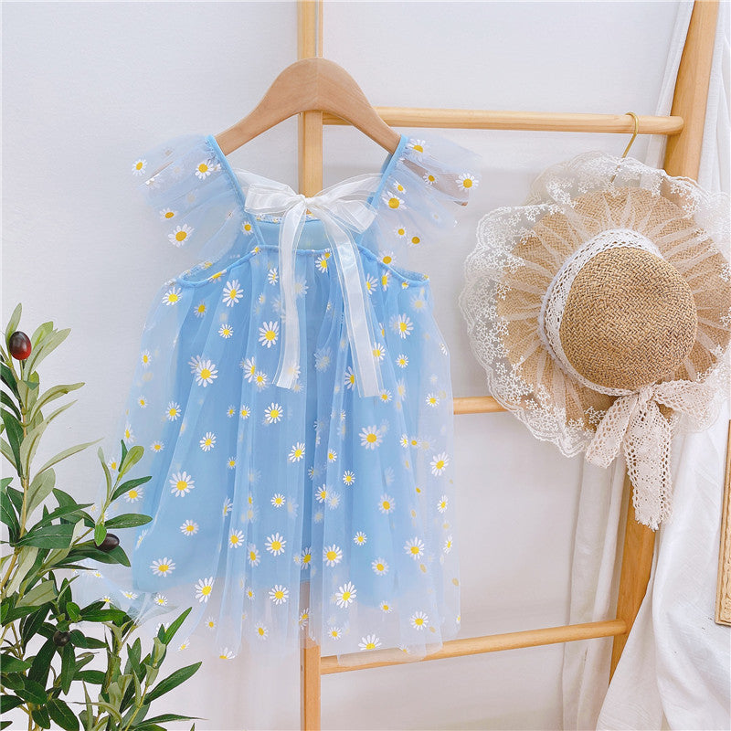 Little girl Cap sleeve flowy chiffon lined floral embroidered blue tutu dress with back tie - kids clothing