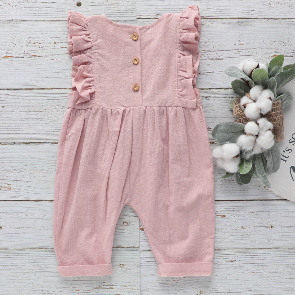 Baby Girl Frill sleeve cotton long pant baby Romper in blush pink
