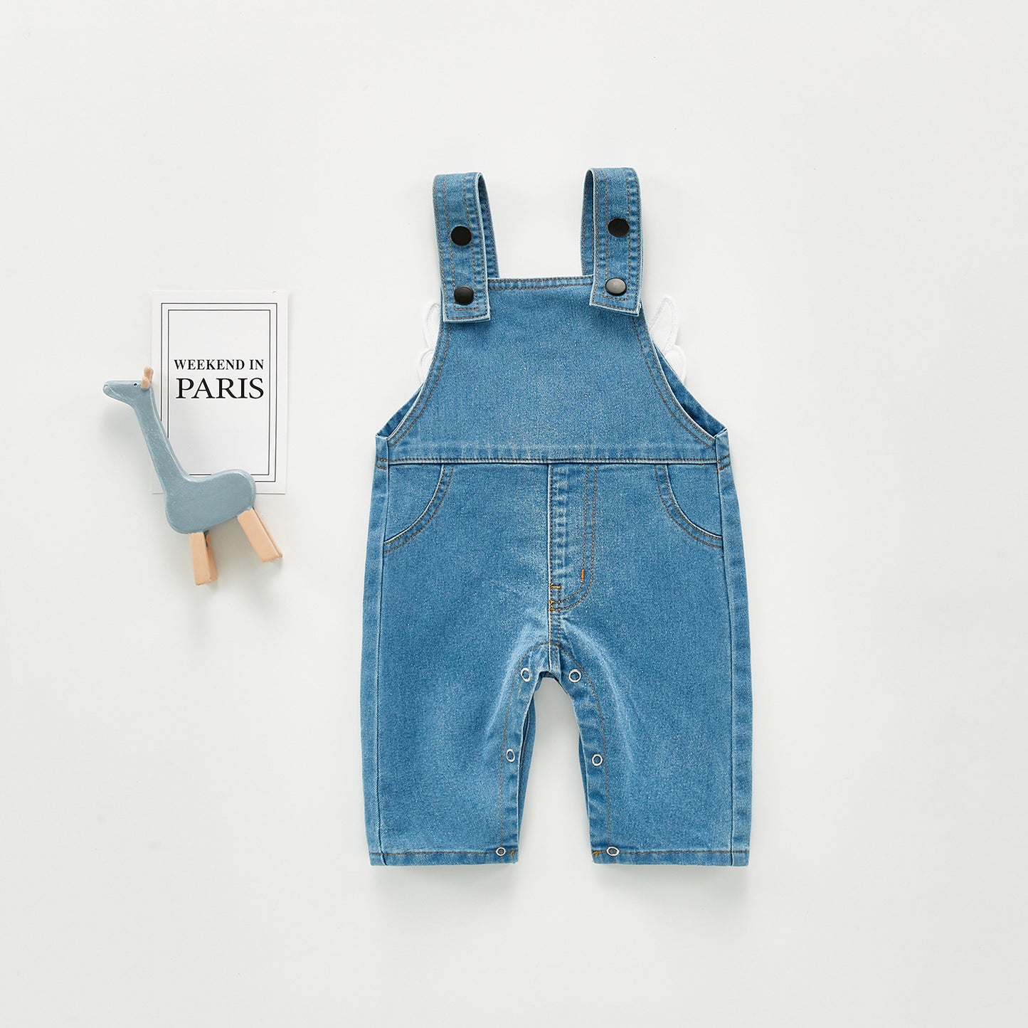 Denim baby unisex romper long overalls with adjustable straps and inseam snaps