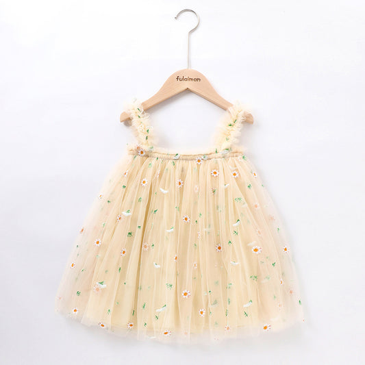Little Girl flowy chiffon lined Ditsy floral embroidered tutu dress in Yellow - kids clothing