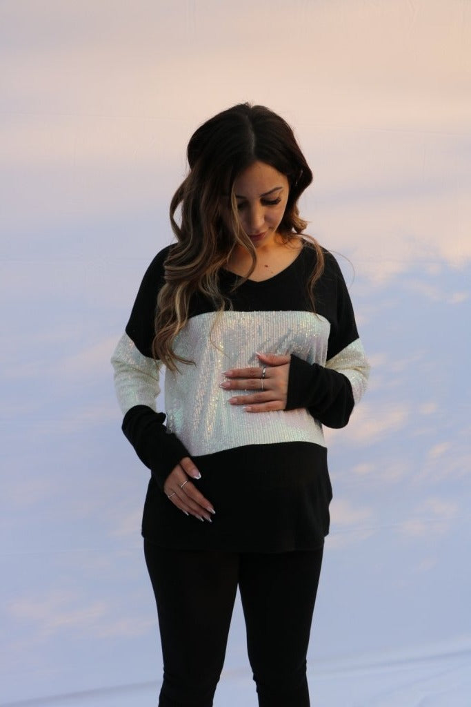 Women's black long sleeve soft v neck maternity & post natal top with sequins