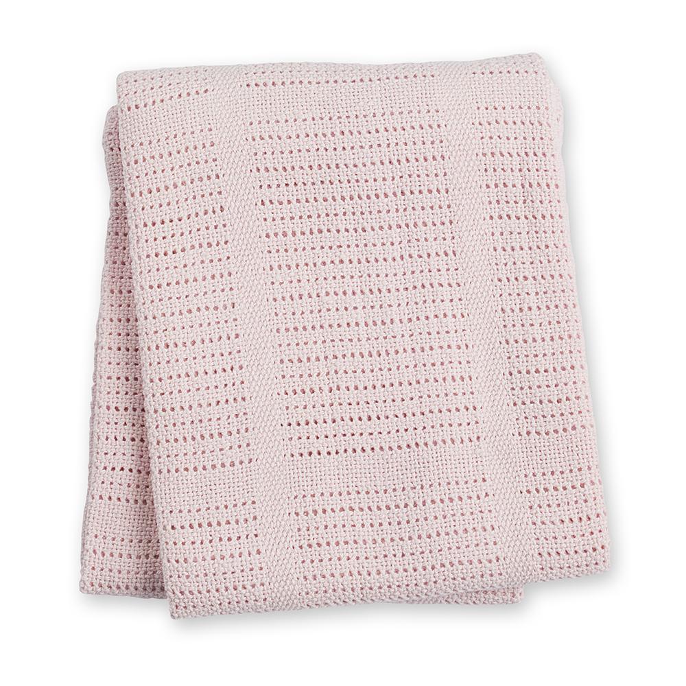 Baby's light pink soft cotton knitted lulujo cellular blanket for crib, stroller, playpen and more