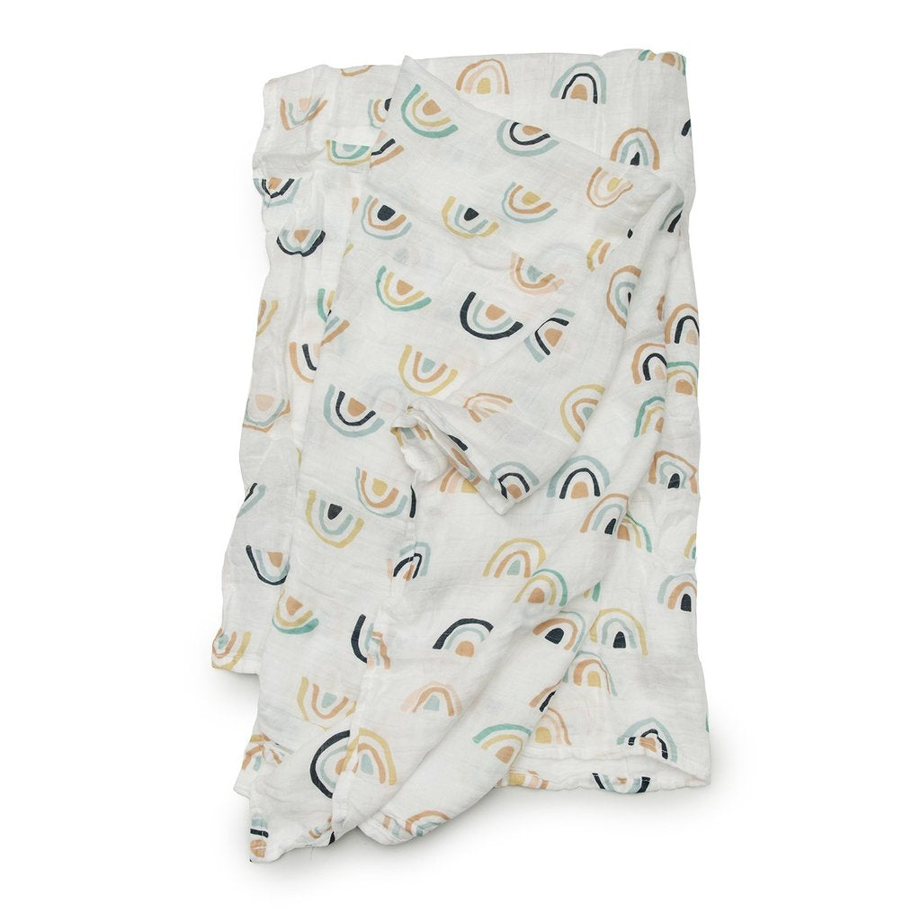 Baby's Loulou lollipop muslin swaddle blanket - white with neutral and navy rainbows