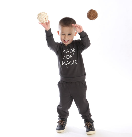 Toddler "made of magic" unisex black bamboo fleece sweat suit set