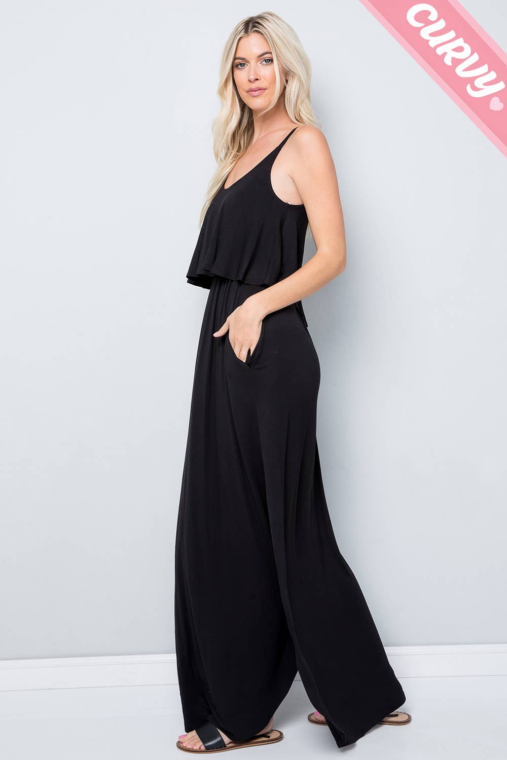 Women's black plus size ruffled draped cami maxi dress with side slits