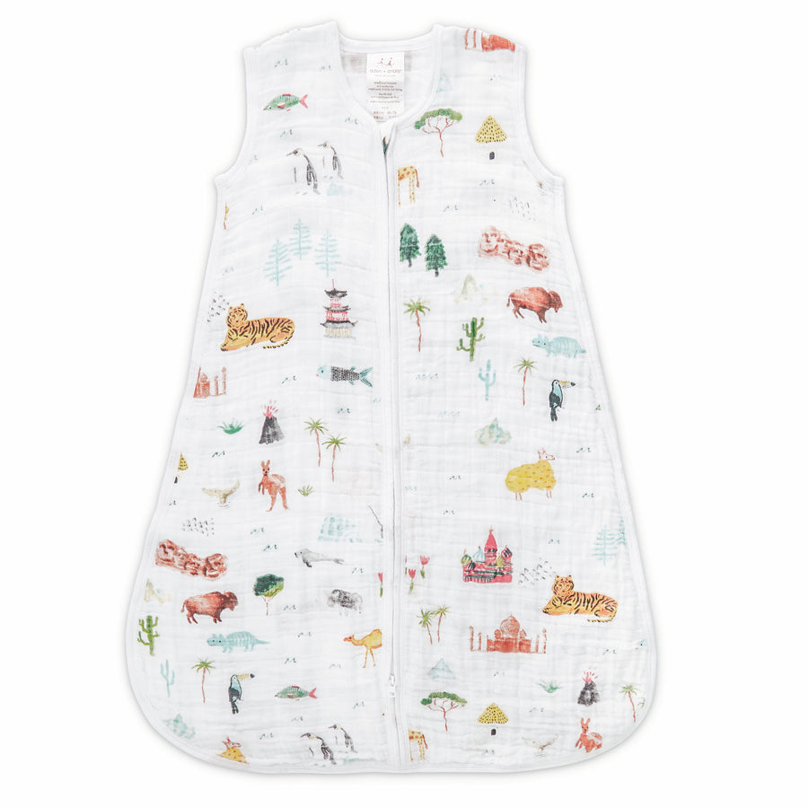 Baby wearable sleepsack with different animals and landmarks from around the world