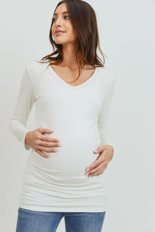 Women's White Basic V neck long sleeve soft maternity top