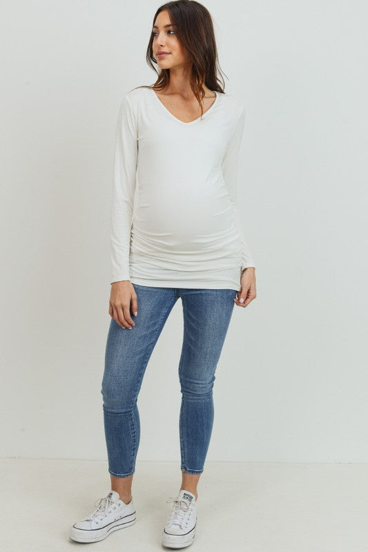 Women's White Basic V neck long sleeve soft maternity top