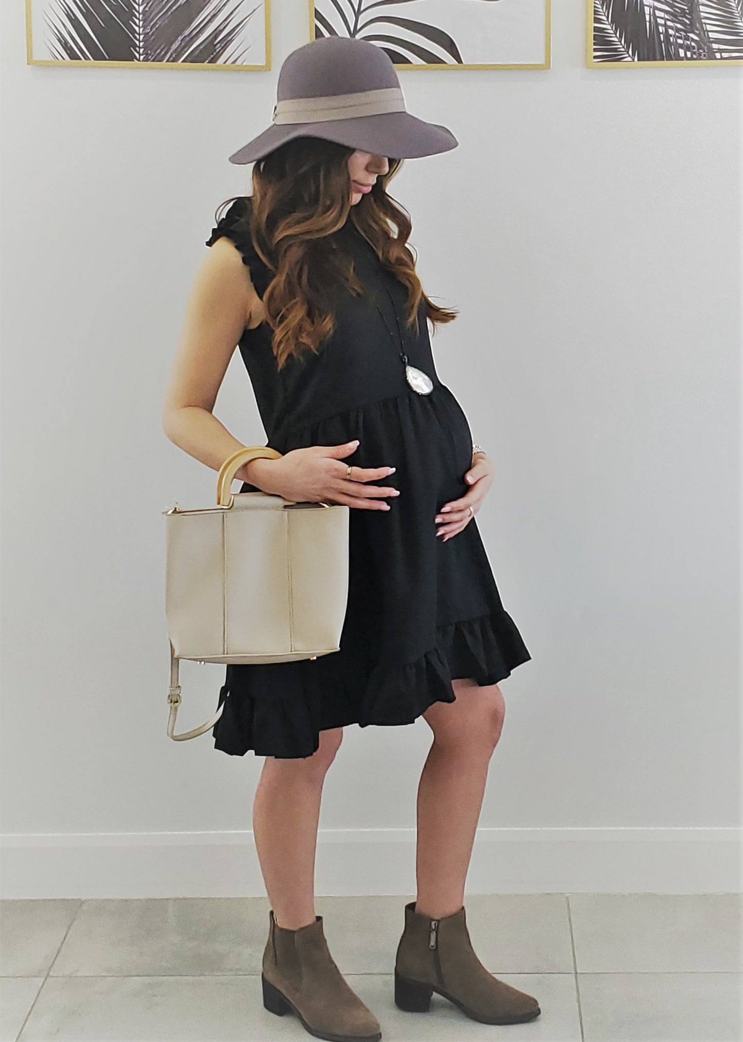 Women's Black Flowy Maternity & Post natal mini dress with ruffle hem and sleeves