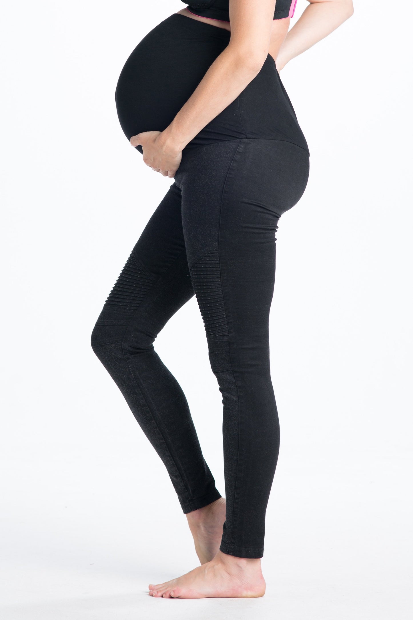 Women's Black Out Moto over the bump cotton maternity leggings with ribbing at knees