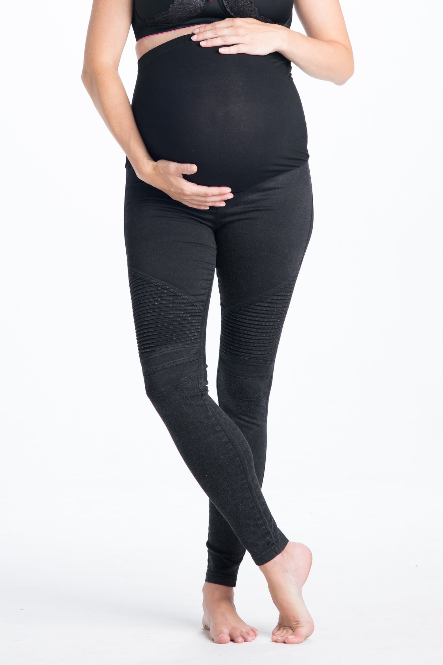 Women's Black Out Moto over the bump cotton maternity leggings with ribbing at knees