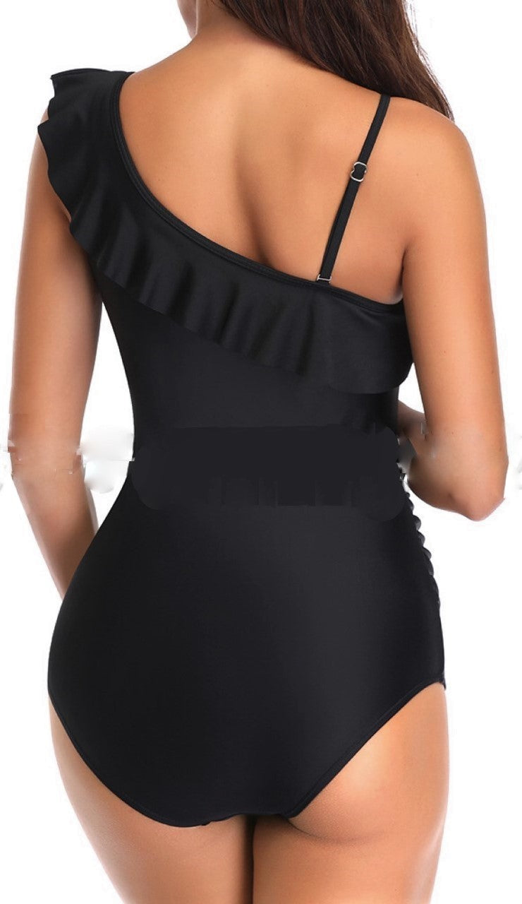 Women's Black one piece maternity swim suit with top line frill