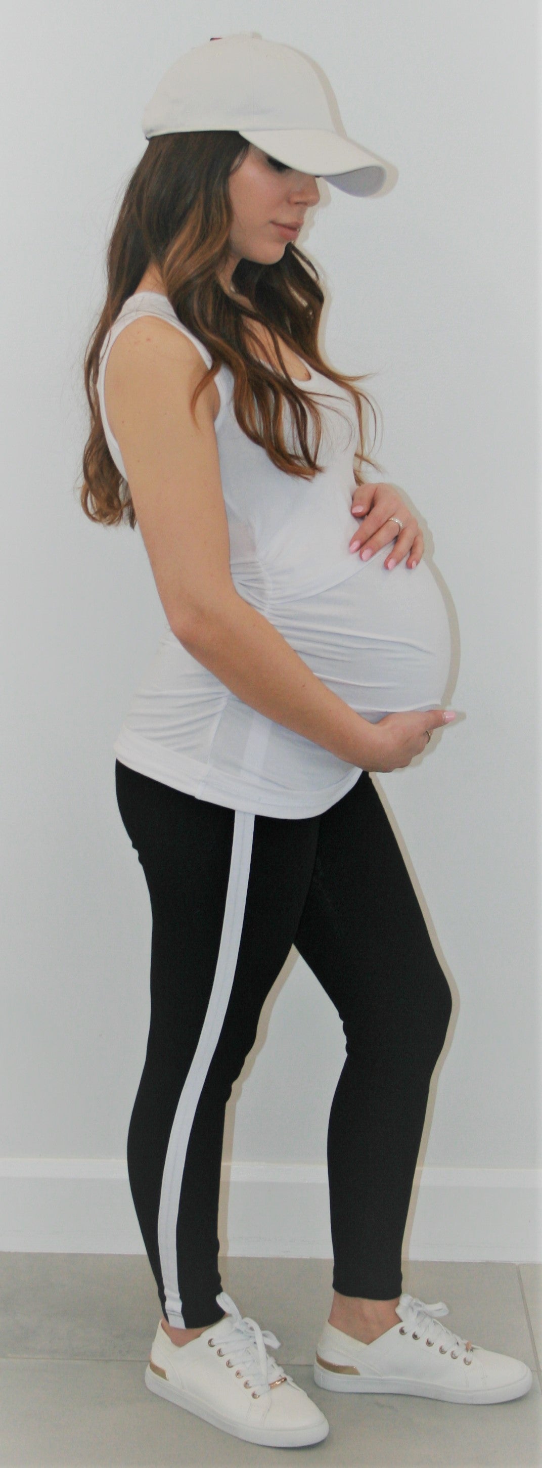 Women's Black with side stripe adjustable cotton Maternity leggings