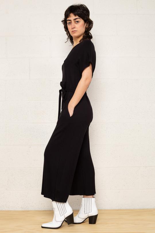 Women's black kimono sleeve plus size cropped leg maternity & post natal jumpsuit with tie belt