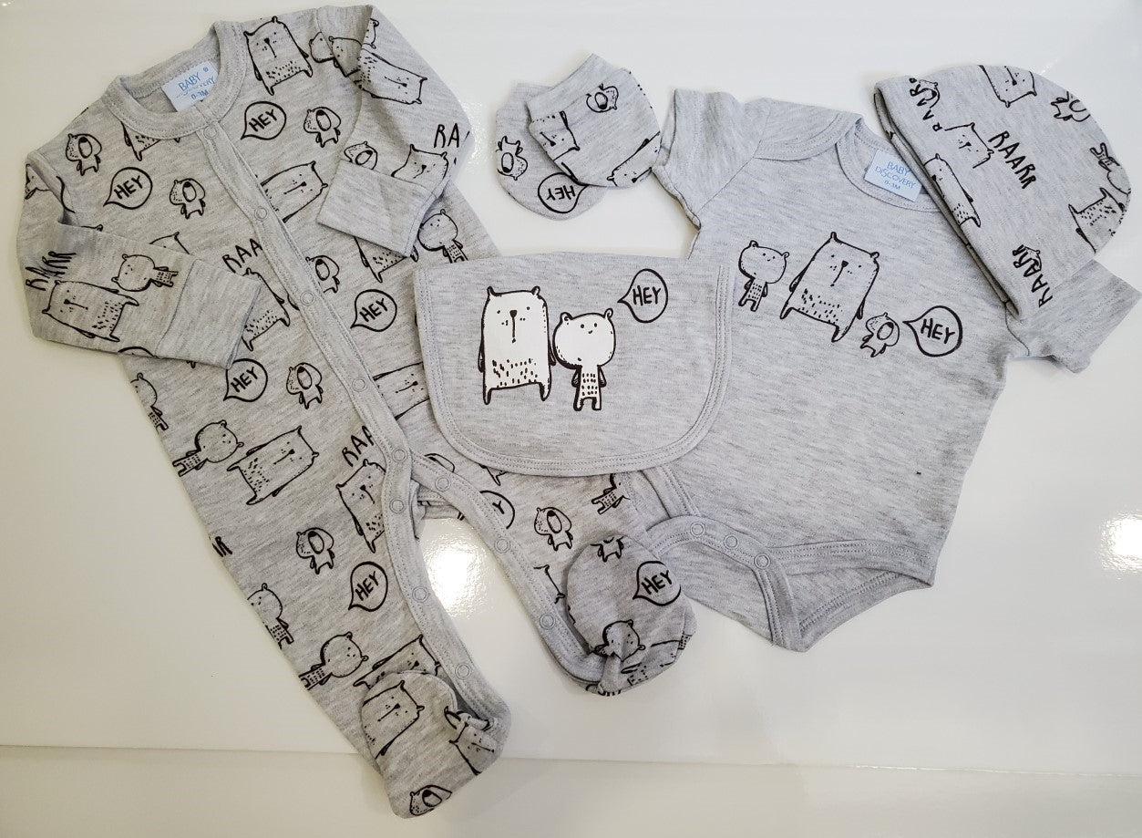 Cotton Grey unisex 0-3 months baby 5 piece gift set - includes a footed pajama, short sleeve onesie, baby hat, baby mitts and baby bib