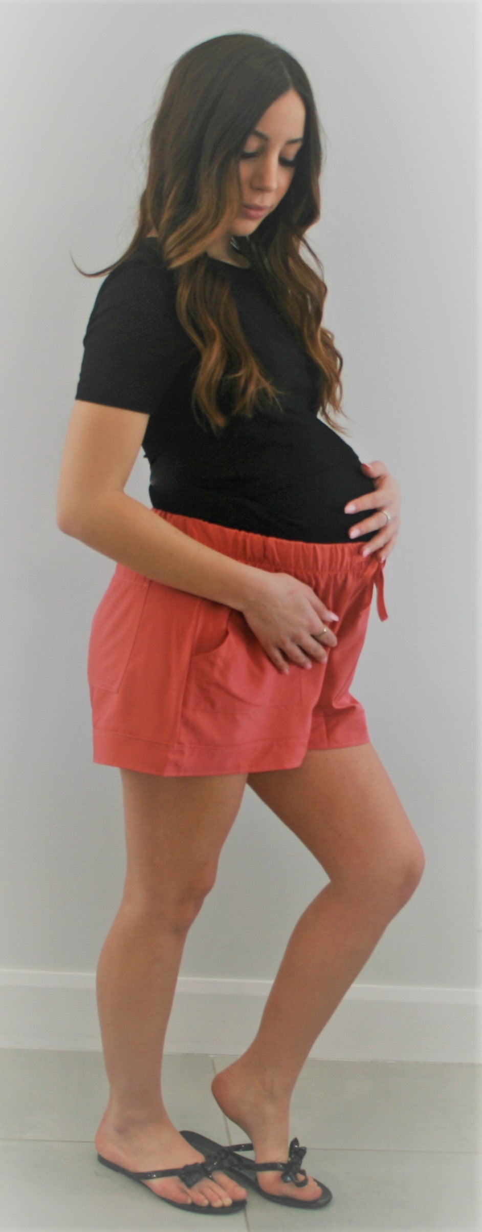 Women's light weight Coral Maternity adjustable Drawstring maternity flowy shorts