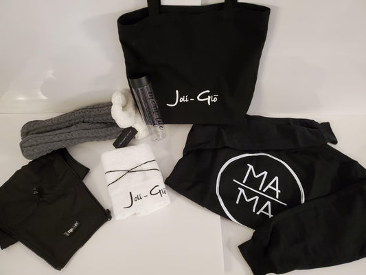 Women's Maternity and Mama Cozy Bag Gift bundle - includes a canvas tote bag, white cotton towel, plastic "mom life" water bottle, womens grey knitted warm lined slipper socks and our Black MAMA sweatshirt  OPTION to add a jacket extender panel