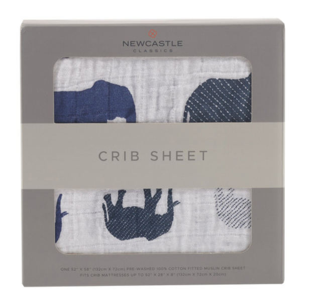Baby's Natural cotton muslin crib sheet in white with blue and grey elephants, dark grey, herringbone light grey or white and black crosses