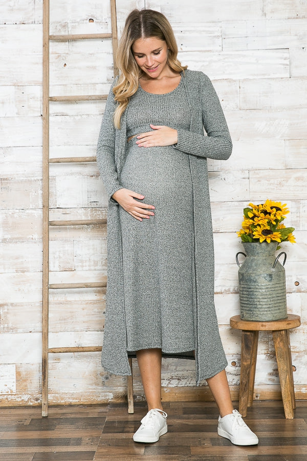 Women's Maternity / Post Natal heather grey Midi Skirt, Top & Long Cardigan 3 piece Set