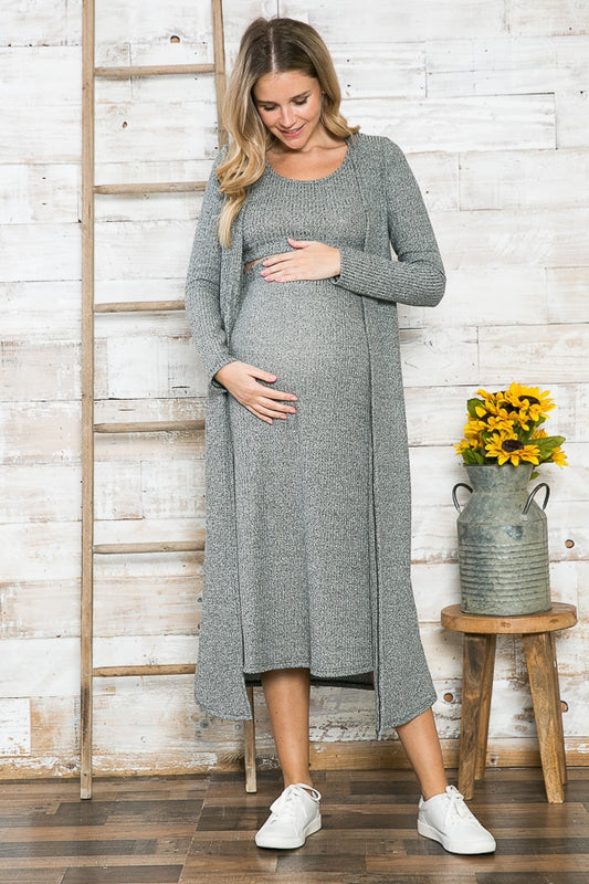 Women's Maternity / Post Natal heather grey Midi Skirt, Top & Long Cardigan 3 piece Set
