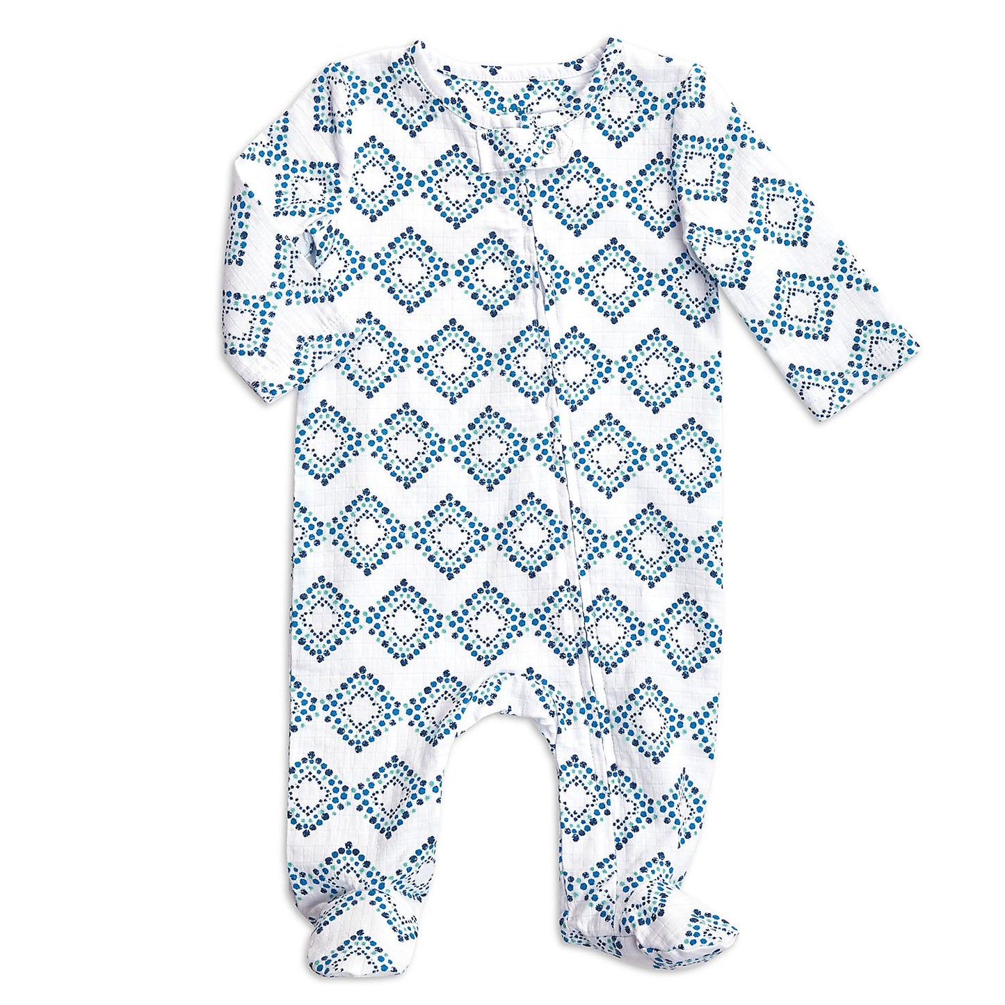 Aden and Anais Baby footed stretch cotton muslin Pajama - In turquoise stripe, faded navy blue X's, blue diamond print or pink small floral vine print