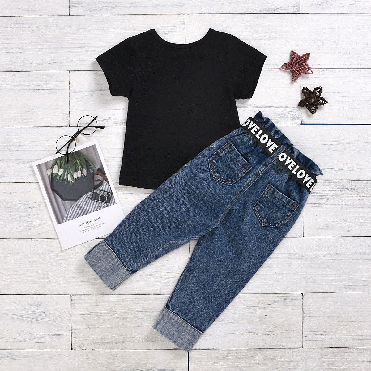 Girls' New Black "mini influencer" T-Shirt with distressed jeans and belt Set