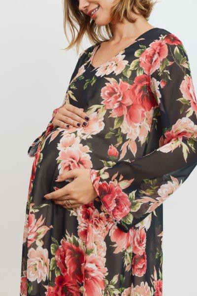 Women's Bell sleeve V neck maternity & Post natal dark floral swing dress